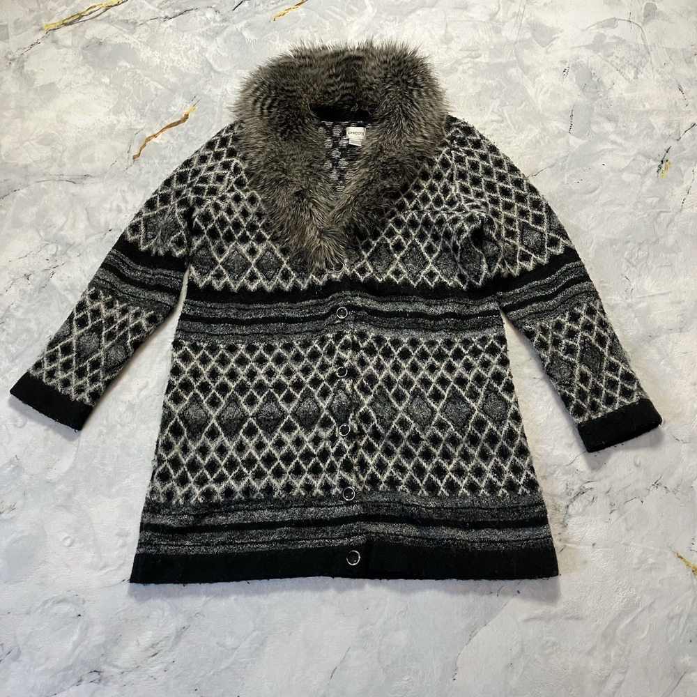 Chico's Cardigan Sz 2/ Large Gray Removable Faux Fur Neck Wool Blend button up